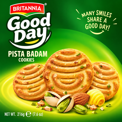 Britannia Good Day Pista Badam Cookies promotional graphic featuring golden nut cookies, pistachios and almonds on a bright green background.