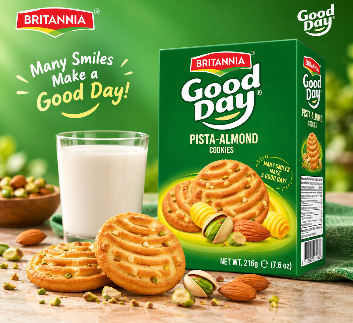 Britannia Good Day Pista Badam Cookies 216g pack displayed with golden cookies, a glass of milk, pistachios and almonds on a tabletop.