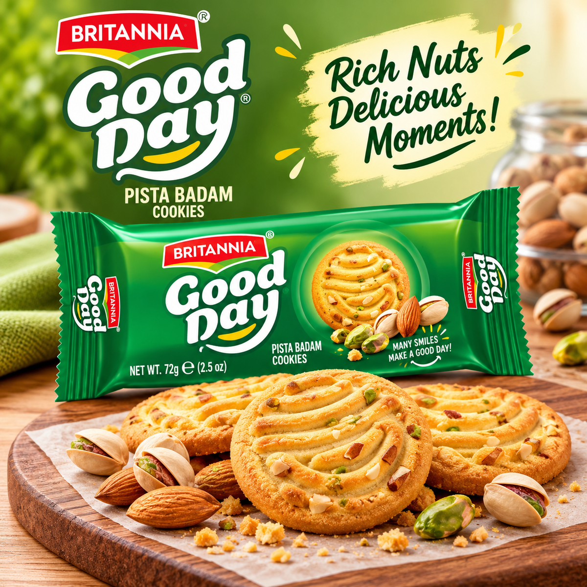 Britannia Good Day Pista Badam Cookies 72g promotional image featuring the green cookie packet, golden nut cookies, pistachios and almonds.