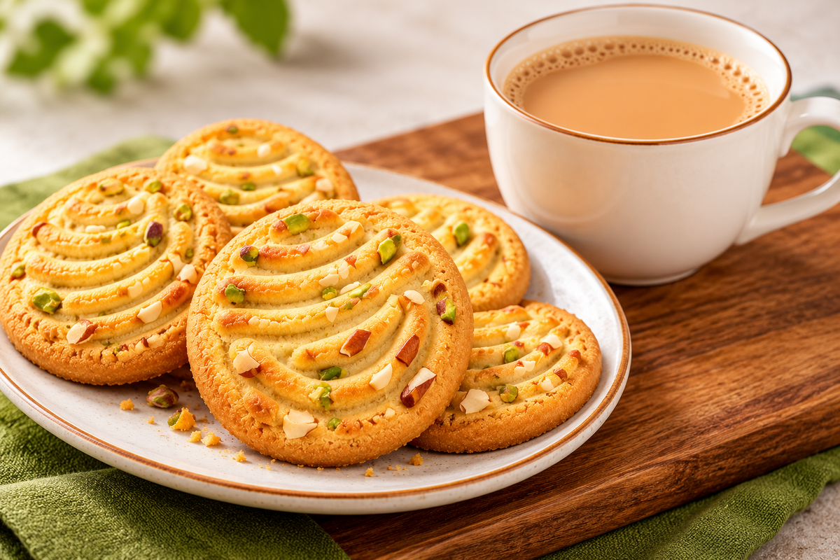 Golden Britannia Good Day-style pista badam cookies with pistachio and almond pieces arranged on a plate beside a cup of tea on a wooden board.