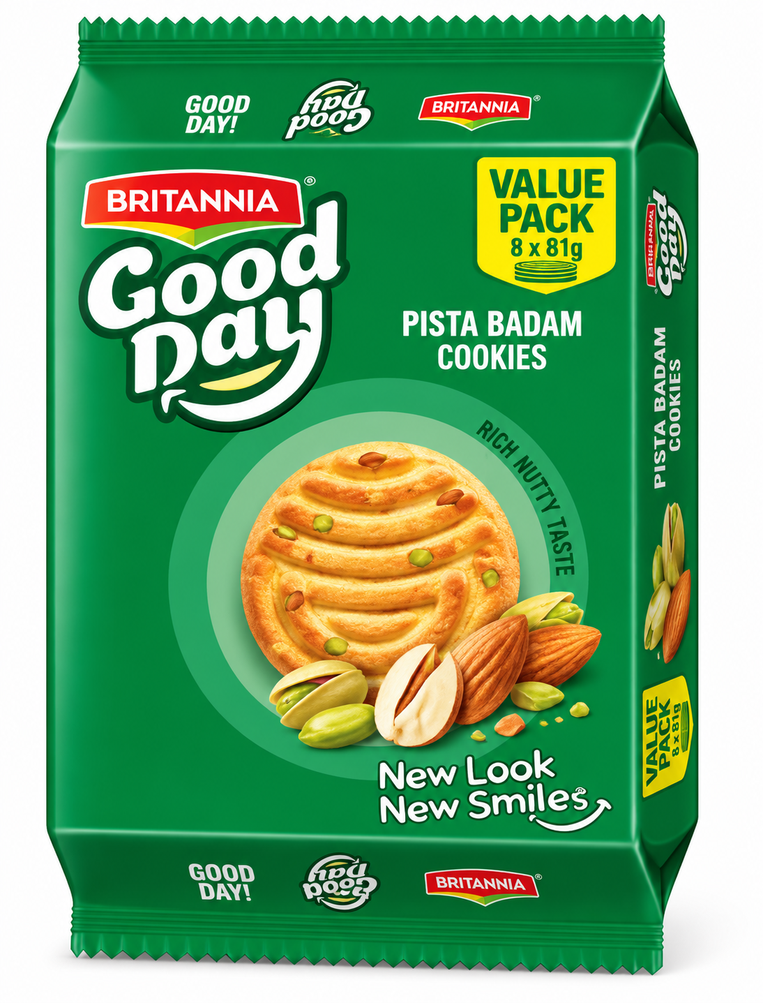 Britannia Good Day Pista Badam Cookies Family Value Pack in green packaging, 8 individual 81g packets.
