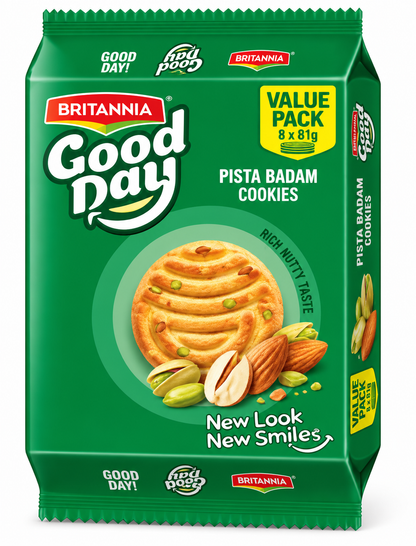 Britannia Good Day Pista Badam Cookies Family Value Pack in green packaging, 8 individual 81g packets.