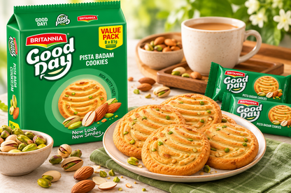 Britannia Good Day Pista Badam Cookies family pack displayed with golden cookies, pistachios, almonds and a cup of tea.