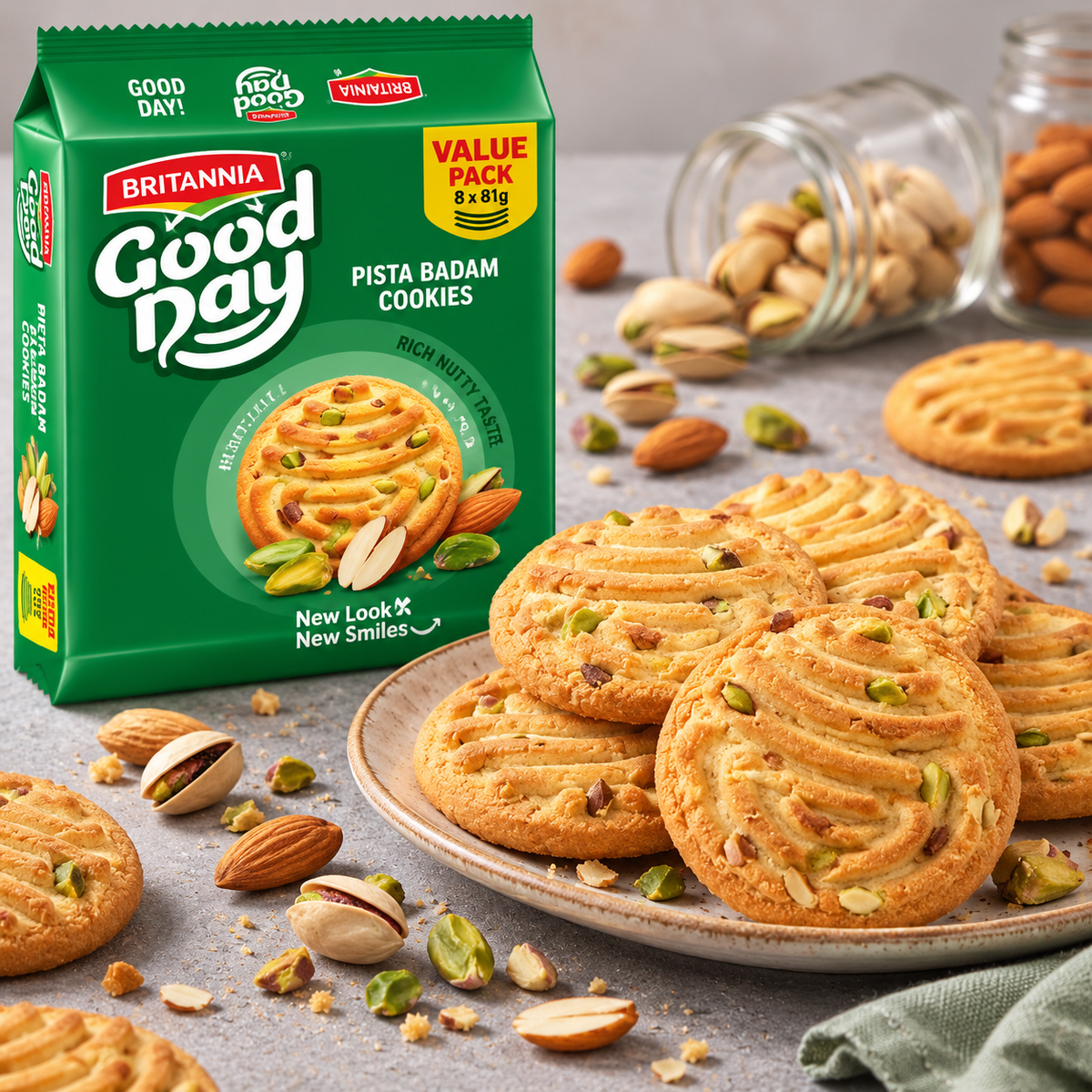 Golden Pista Badam cookies with visible nut pieces arranged on a plate, with pistachios and almonds scattered on a light grey tabletop beside the green Britannia Good Day family pack.