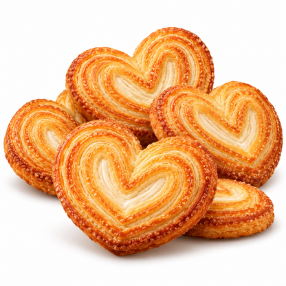 Golden, sugar-glazed heart-shaped biscuits with flaky, layered edges, arranged in a pile on a clean white background.