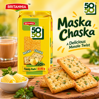 Britannia 50-50 Maska Chaska Biscuits with golden savoury biscuits displayed alongside the family pack