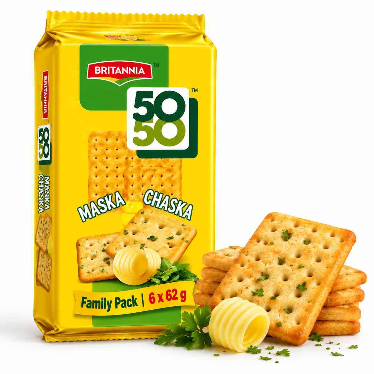 Britannia 50-50 Maska Chaska Biscuits close-up showcasing crispy golden biscuits for a tasty snack