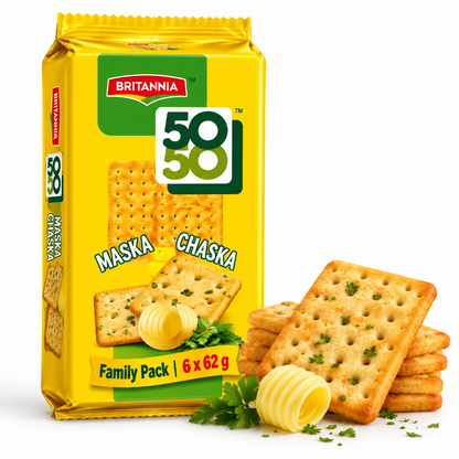 Britannia 50-50 Maska Chaska Biscuits close-up showcasing crispy golden biscuits for a tasty snack