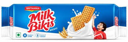 Britannia Milk Bikis Biscuits blue packet featuring golden grid-pattern biscuits, milk splash graphics and Milk Bikis branding on a white background.