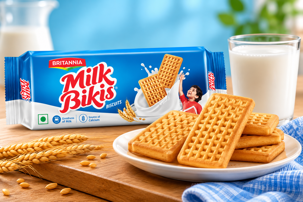 Britannia Milk Bikis Biscuits packet displayed with golden grid-pattern biscuits on a plate and a glass of milk on a wooden surface.