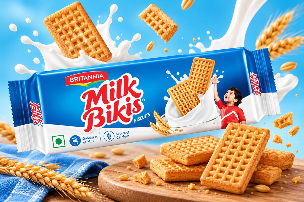 Britannia Milk Bikis Biscuits blue packet surrounded by golden biscuits, splashing milk and wheat decorations against a bright blue background.