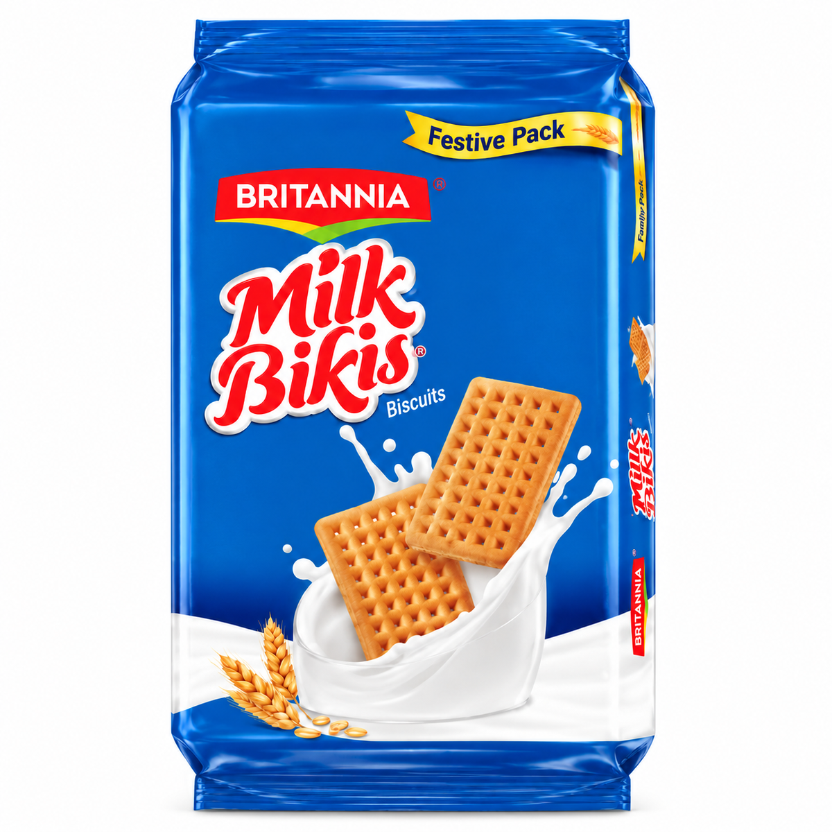 Britannia Milk Bikis biscuits packet with blue packaging, golden grid-pattern biscuits and milk splash design on a white background.
