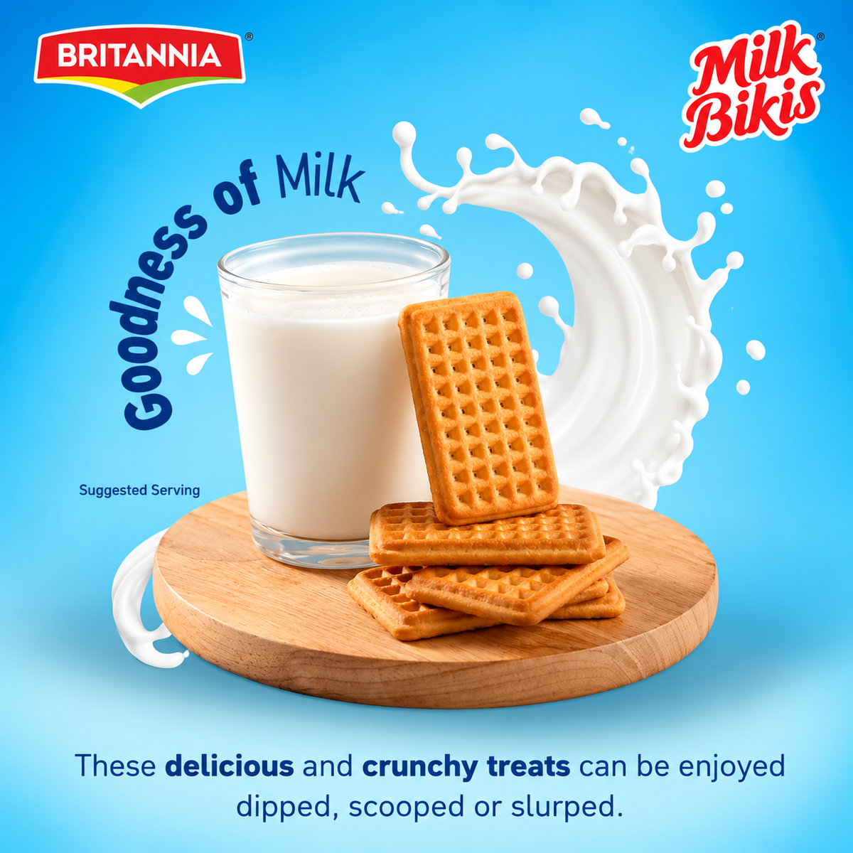 Britannia Milk Bikis biscuits served with a glass of milk and golden biscuits on a wooden board against a blue background.