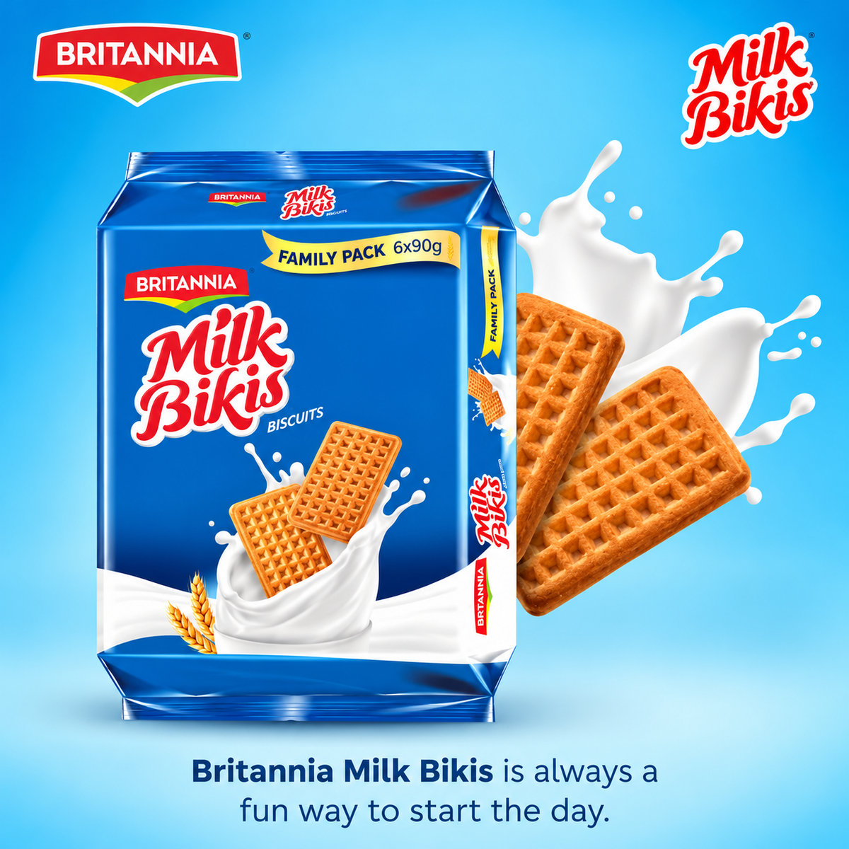 Britannia Milk Bikis blue family pack with golden grid-pattern biscuits and a milk splash design against a bright blue background.