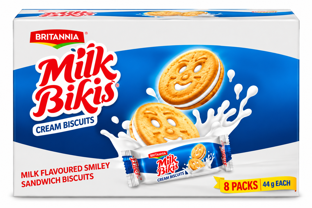 Britannia Milk Bikis Cream Biscuits multipack box featuring blue and white packaging, smiley-face cream sandwich biscuits and a milk splash design, with eight individual packs shown.