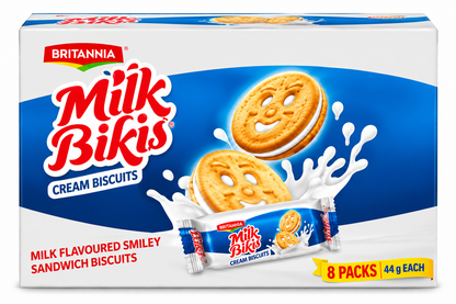 Britannia Milk Bikis Cream Biscuits multipack box featuring blue and white packaging, smiley-face cream sandwich biscuits and a milk splash design, with eight individual packs shown.
