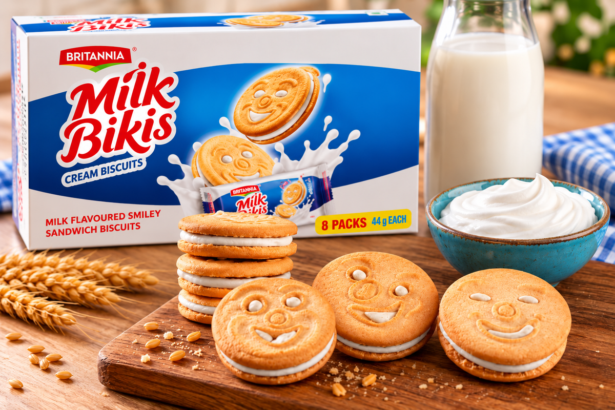 Britannia Milk Bikis Cream Biscuits multipack with blue and white packaging, smiley-face cream sandwich biscuits, a glass of milk and a bowl of cream arranged on a wooden table.