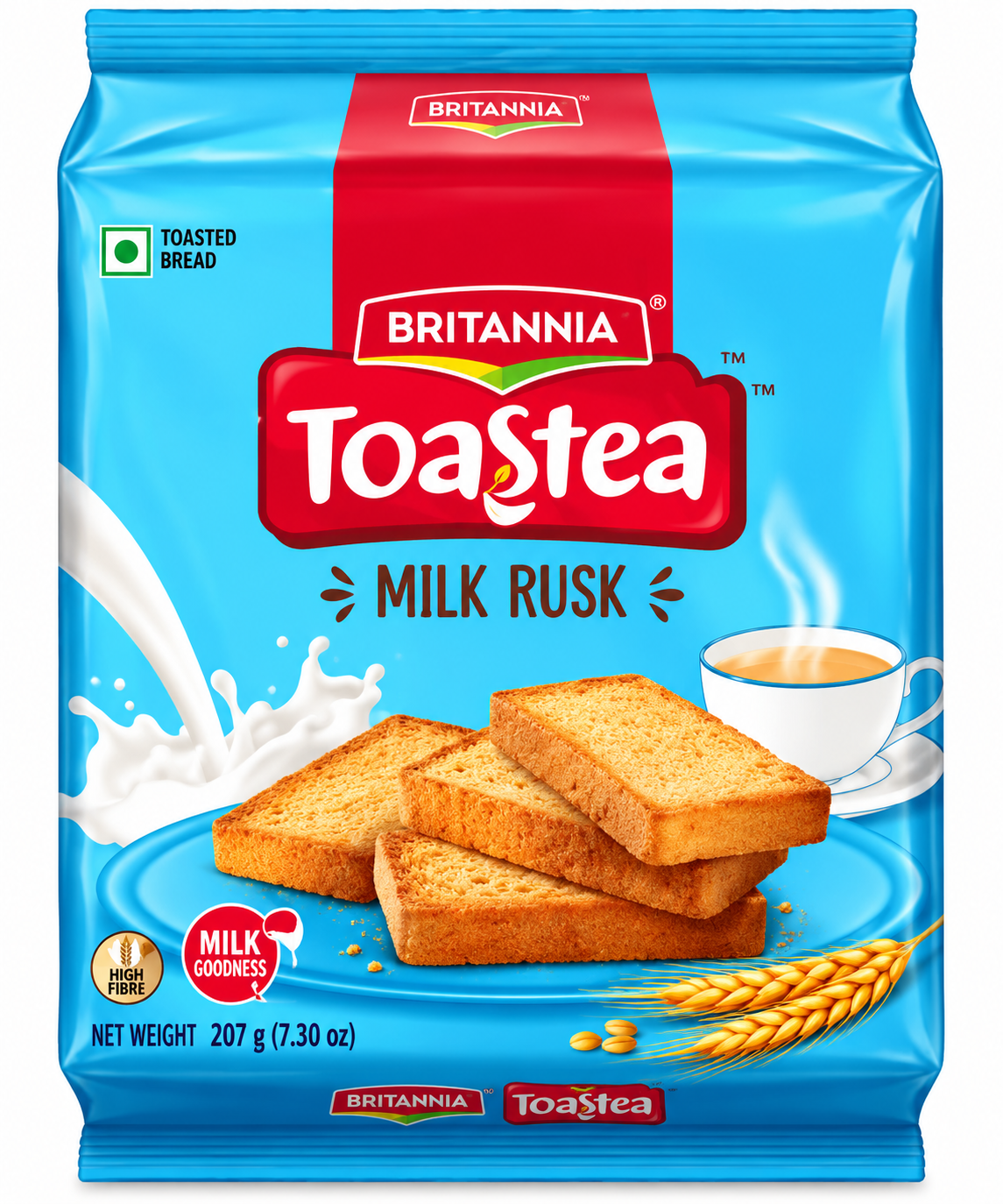 Britannia Toastea Milk Rusk 207g packet with golden toasted rusks and a cup of tea.