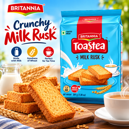 Britannia Toastea Milk Rusk 207g with crispy golden rusks served on a plate alongside tea and milk.