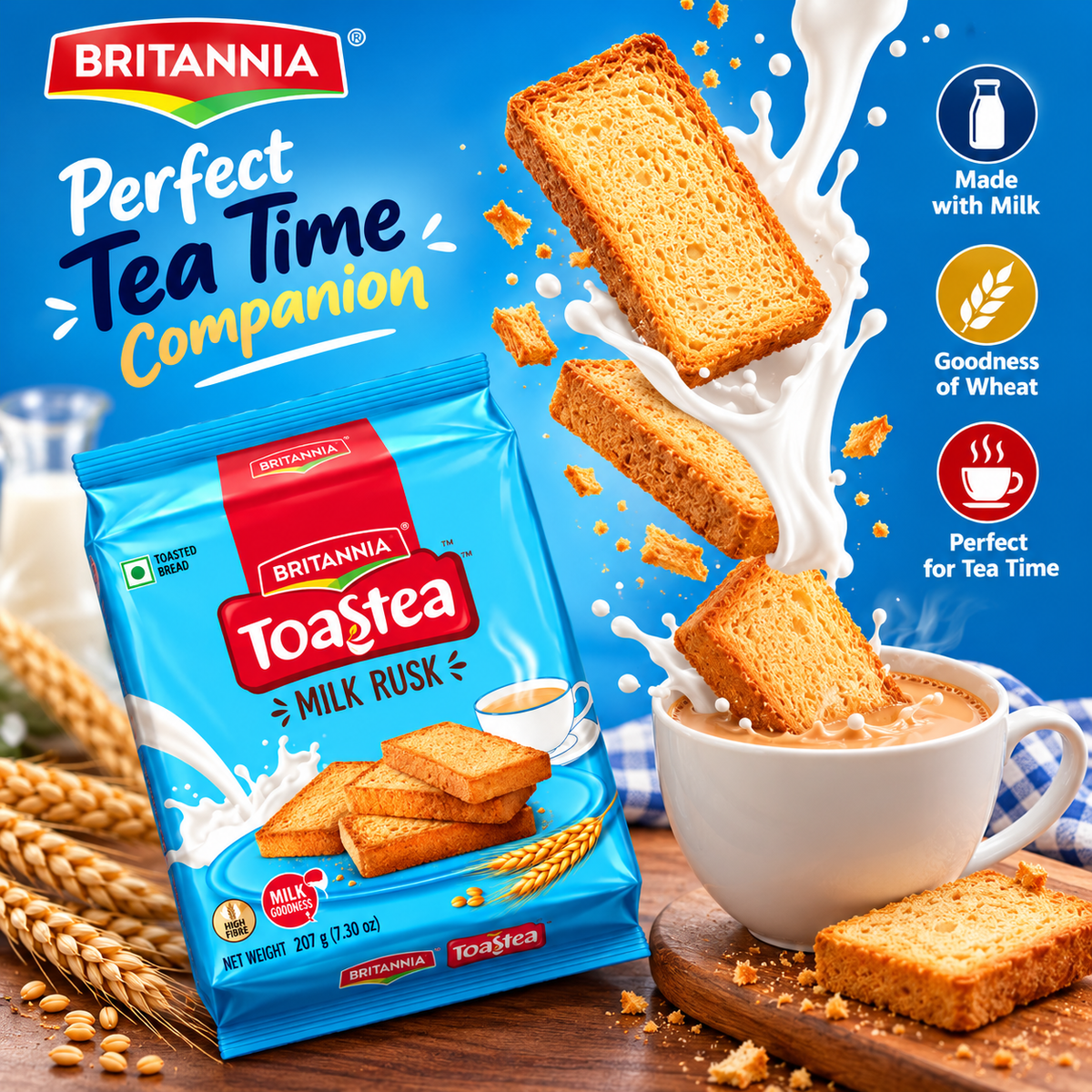 Britannia Toastea Milk Rusk 207g pack featuring golden toasted rusks, a milk splash and a cup of tea.