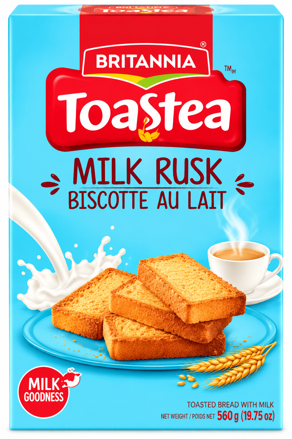 Britannia Toastea Milk Rusk 560g packet with turquoise and red packaging, toasted rusks and a cup of tea.