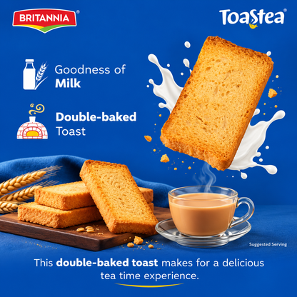 Golden Britannia Toastea Milk Rusk slice displayed on a blue background with milk goodness and double-baked toast messaging.