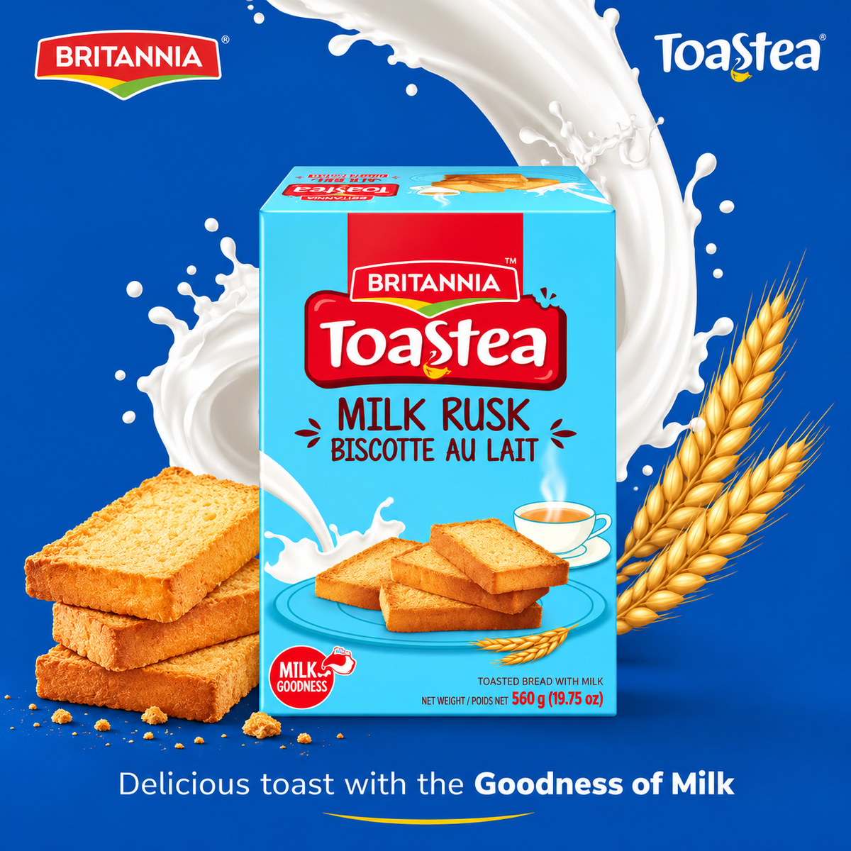 Britannia Toastea Milk Rusk 560g pack featuring toasted rusks, a milk splash, wheat stalks and a tea cup against a blue background.
