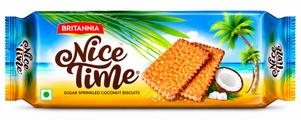 Britannia Nice Time Biscuits 80g packet featuring tropical beach artwork, golden sugar-sprinkled coconut biscuits and palm trees on the packaging.