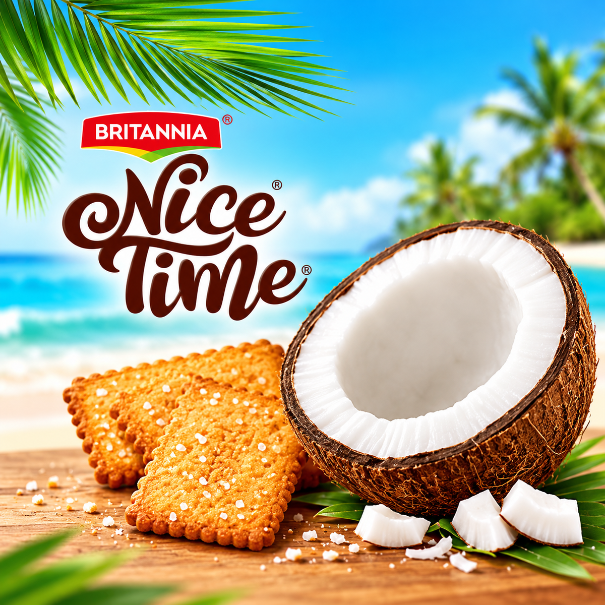 Britannia Nice Time coconut biscuits with golden sugar-sprinkled biscuits, a freshly opened coconut and tropical palm leaves against a bright blue beach background.