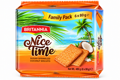 Britannia Nice Time Coconut Biscuits Family Pack with tropical beach packaging, sugar-sprinkled biscuits and coconut design.