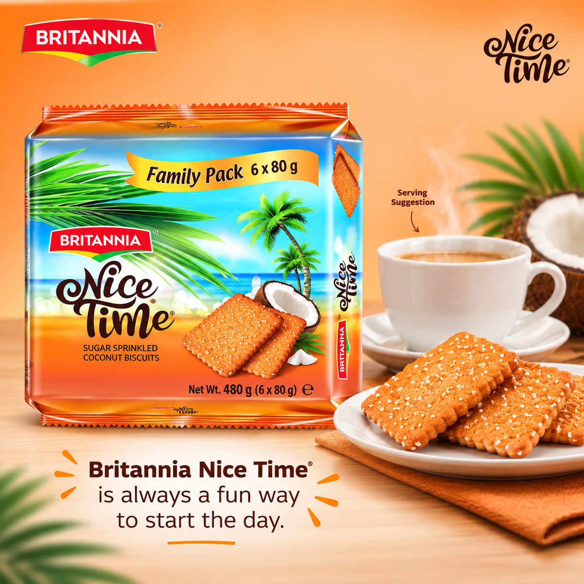 Britannia Nice Time Coconut Biscuits Family Pack displayed beside a cup of tea and sugar-sprinkled coconut biscuits on a warm orange background.