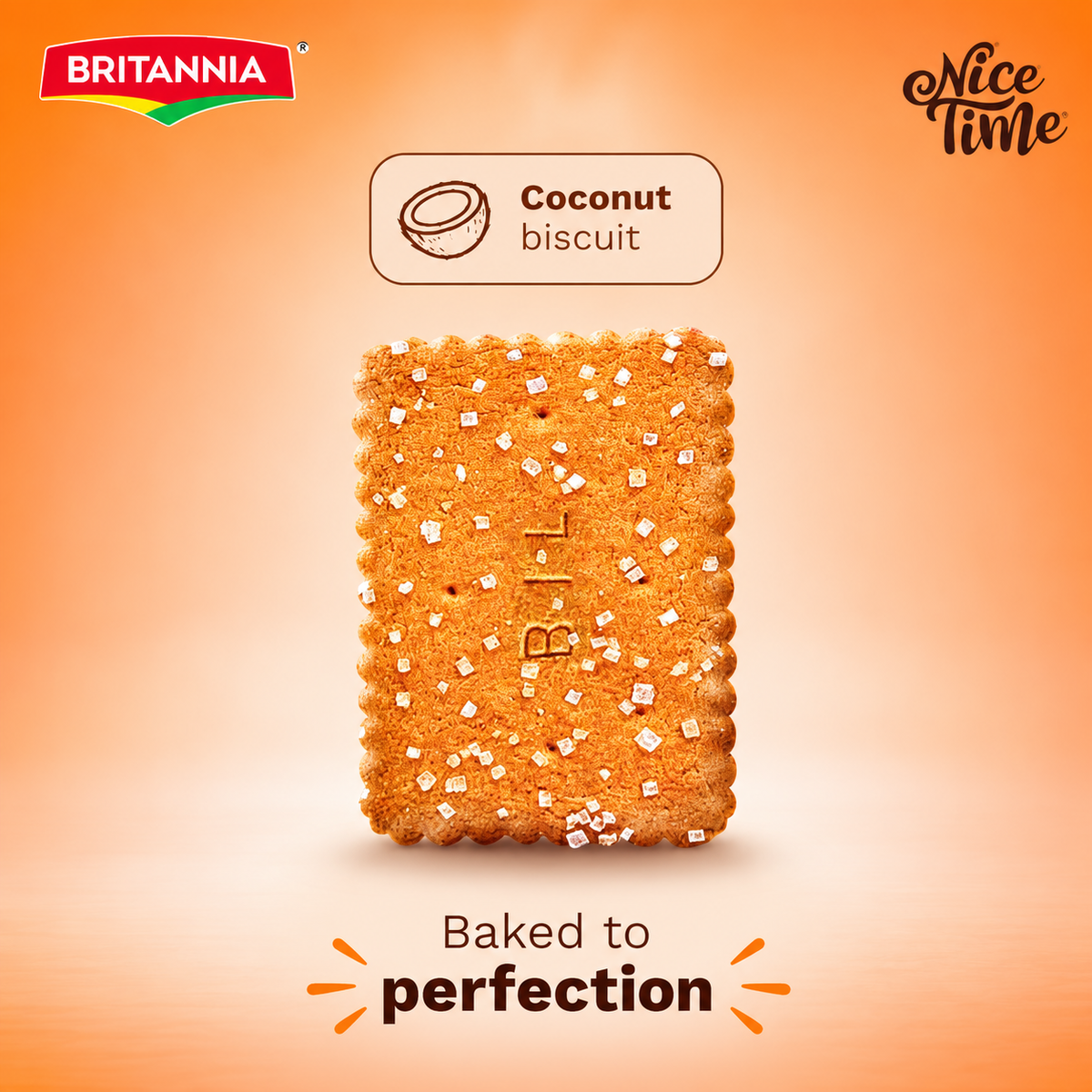 Close-up of a golden Britannia Nice Time sugar-sprinkled coconut biscuit with the brand logo and coconut biscuit label on an orange background.