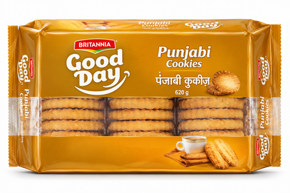 A stack of golden Britannia Good Day Punjabi Cookies arranged on a wooden serving board against a beige background.