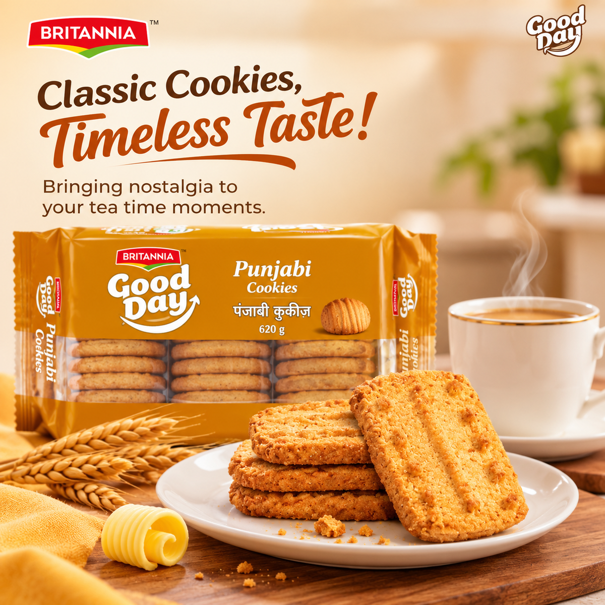 Britannia Good Day Punjabi Cookies served with a cup of tea and golden cookies on a warm beige background.