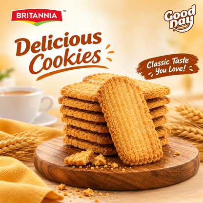 A stack of golden Britannia Good Day Punjabi Cookies arranged on a wooden serving board against a beige background.