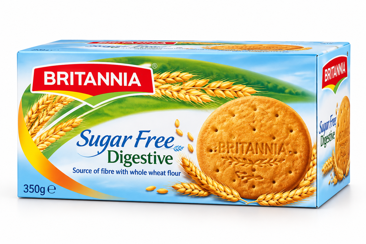 Britannia Sugar Free Digestive Biscuits 350g pack featuring a golden whole-wheat digestive biscuit in light-blue packaging with wheat stalk imagery.