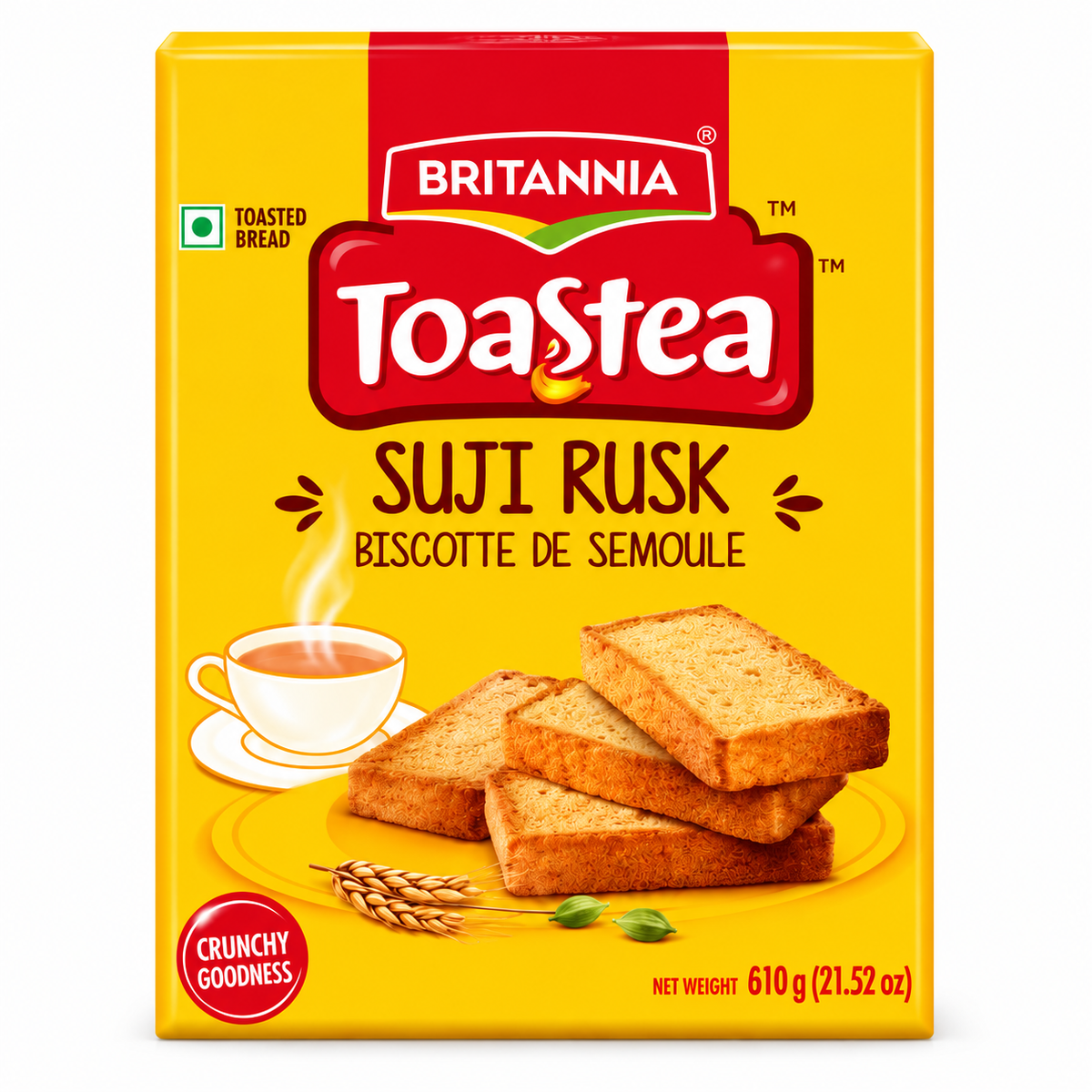 Britannia Toastea Suji Rusk 610g pack featuring golden toasted rusks on yellow packaging with a cup of tea and wheat.
