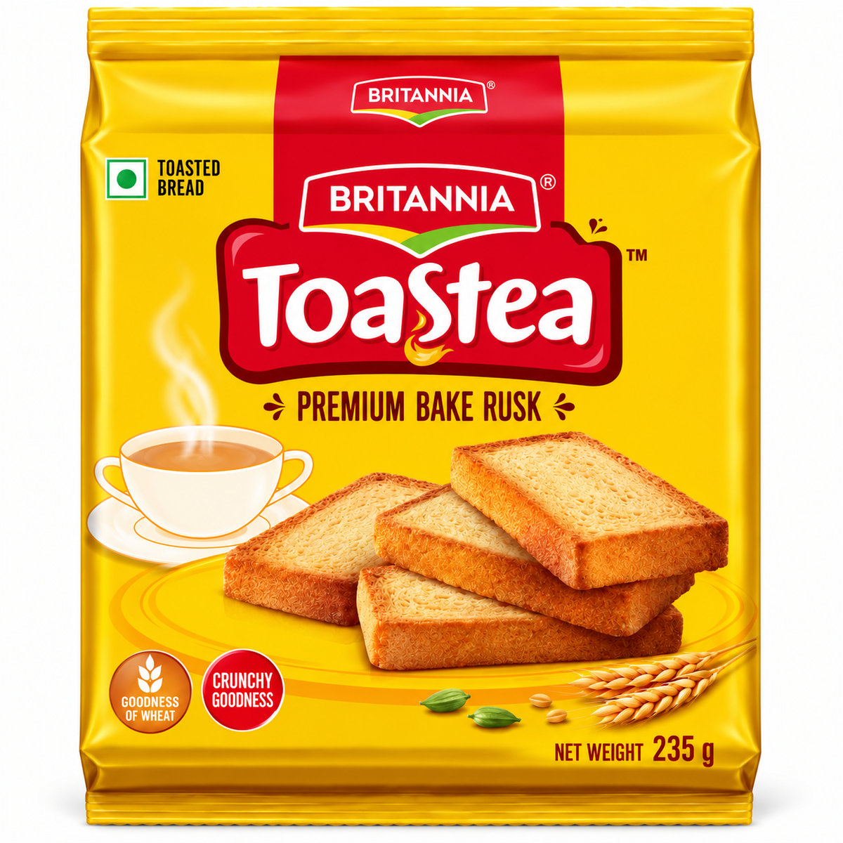 Britannia Toastea Premium Bake Rusk 235g packet featuring golden toasted rusks, a cup of tea, wheat and cardamom details on bright yellow packaging.