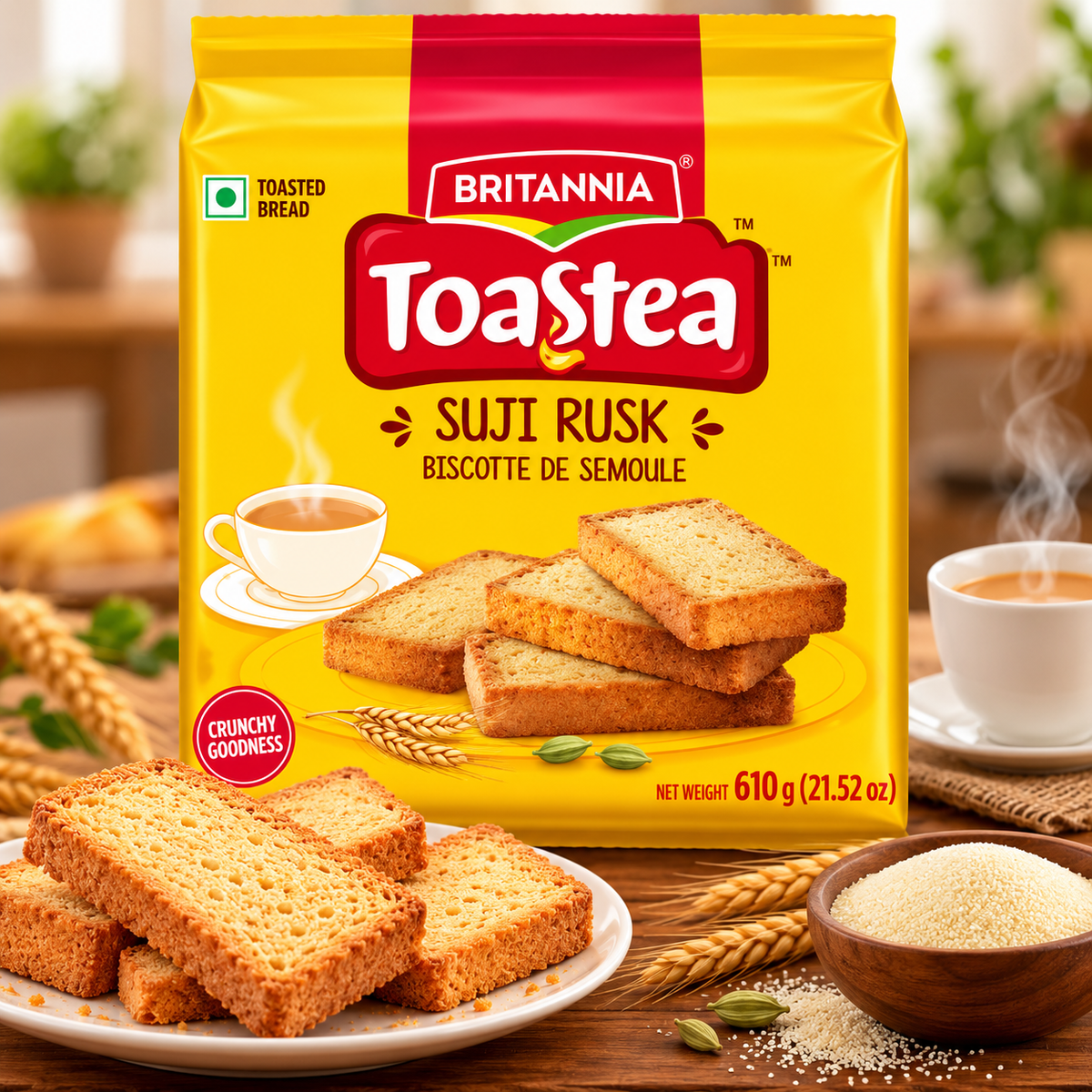 Britannia Toastea Suji Rusk 610g pack with golden toasted rusks, served with tea and semolina for a crunchy tea-time snack.