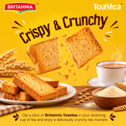 Britannia Toastea Suji Rusk with golden, crispy toasted rusks served alongside a cup of tea, highlighting a crunchy tea-time snack.
