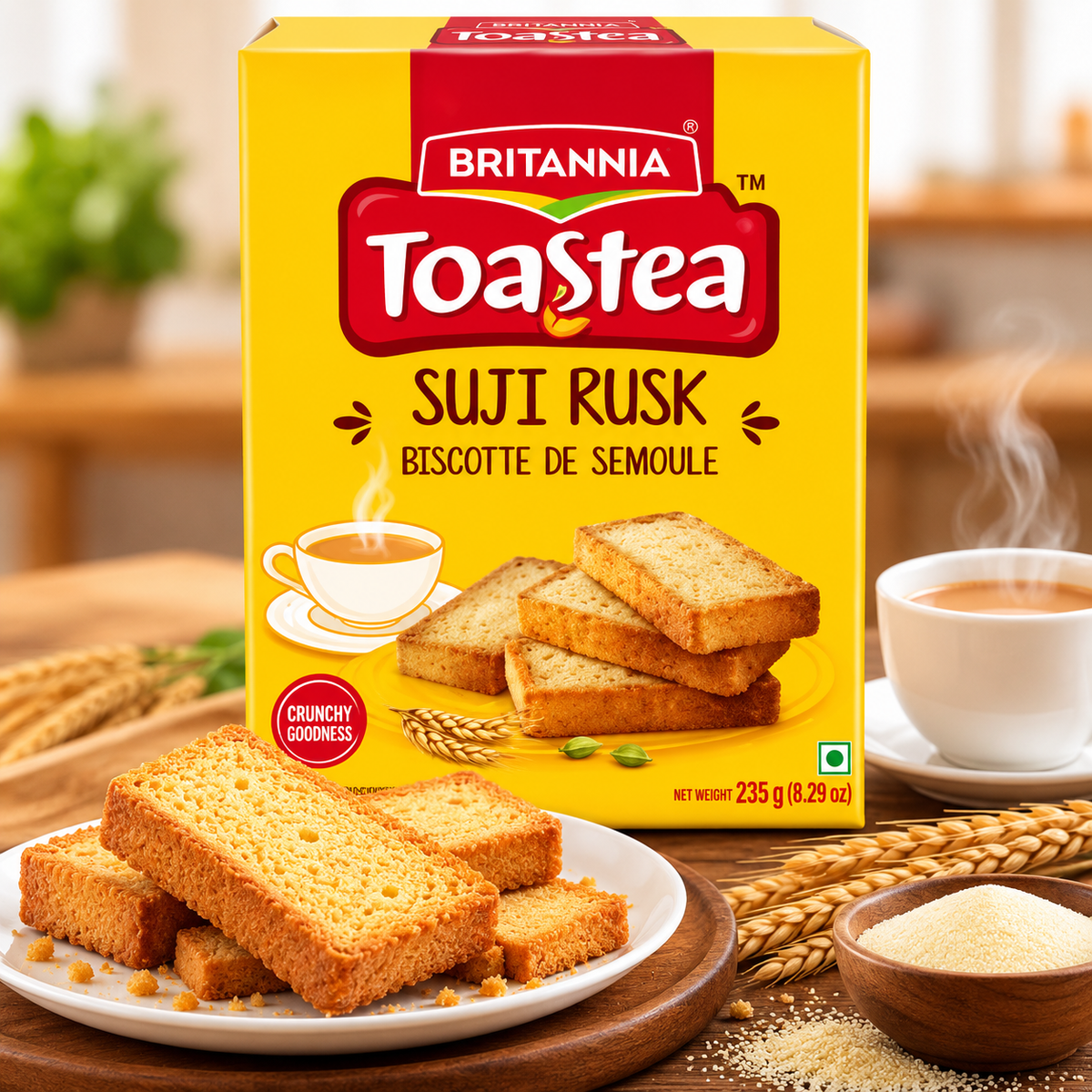 Britannia Toastea Suji Rusk 235g pack with golden toasted rusks, a cup of tea and wheat on a warm background.