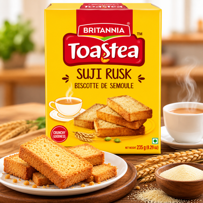 Britannia Toastea Suji Rusk 235g pack with golden toasted rusks, a cup of tea and wheat on a warm background.