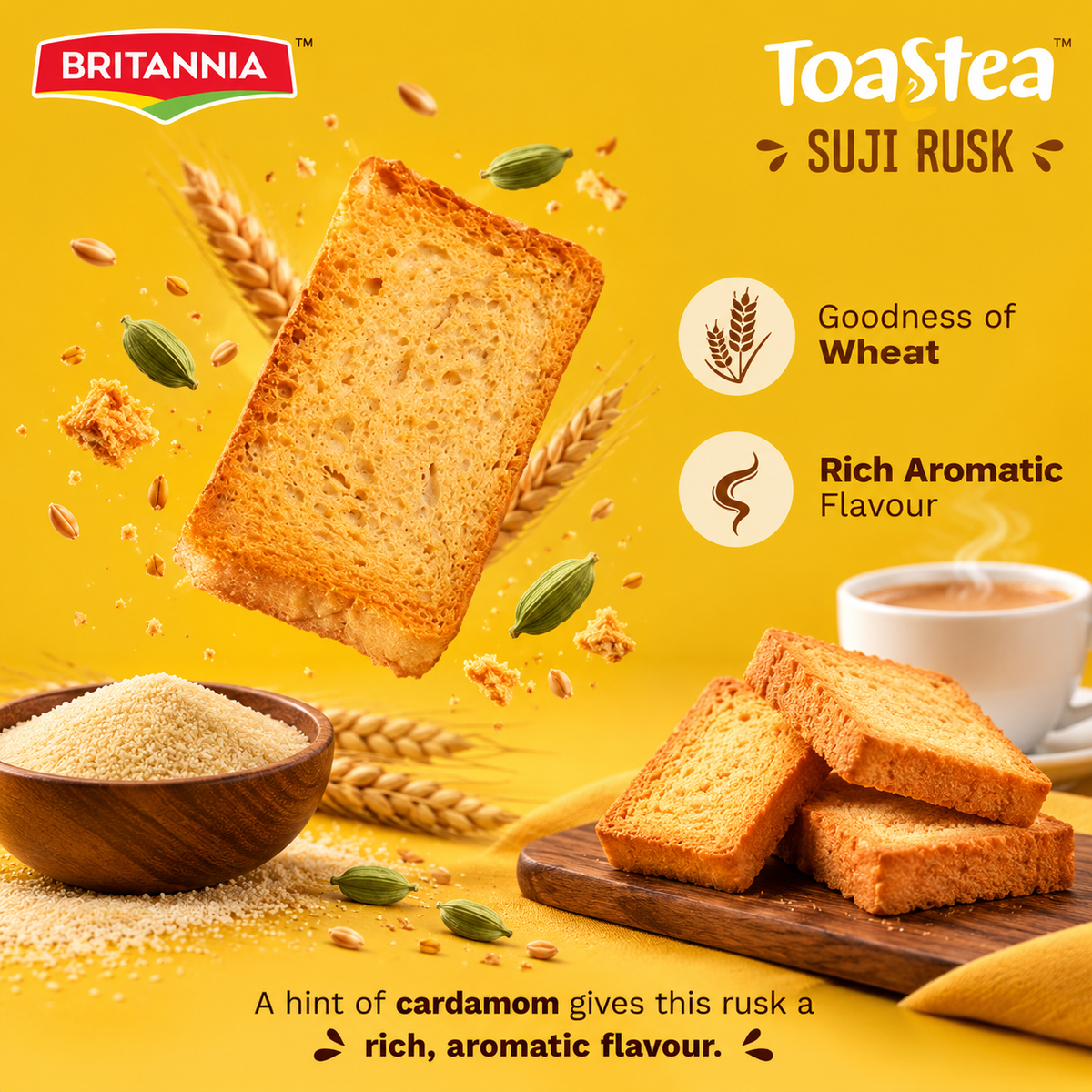Britannia Toastea Suji Rusk featuring a crispy rusk slice, stacked rusks, wheat, semolina and tea on a yellow background.