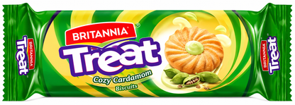 Britannia Treat Cozy Cardamom Biscuits 100g green packet featuring cardamom-flavoured sandwich biscuits.