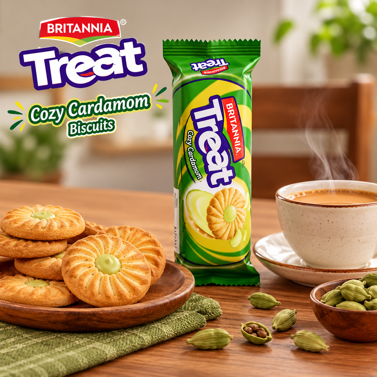 Britannia Treat Cozy Cardamom Biscuits packet displayed beside a plate of biscuits and a cup of tea on a wooden table.