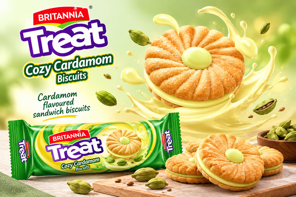 Britannia Treat Cozy Cardamom Biscuits promotional image featuring the green packet, cream-filled biscuits, cardamom pods and a creamy splash on a light green background.