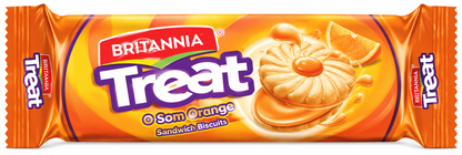Britannia Treat O Som Orange Sandwich Biscuits 100g orange packet featuring the Treat branding and orange cream biscuit illustration.