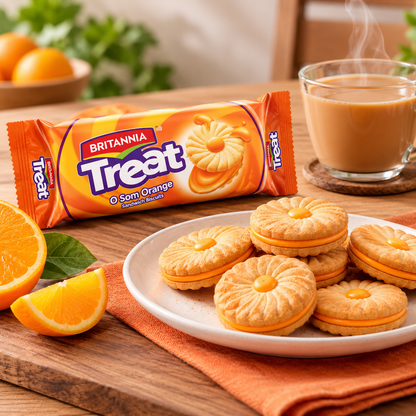 Britannia Treat O Som Orange Sandwich Biscuits packet displayed with a plate of biscuits, fresh orange peel and a cup of tea on a wooden table.