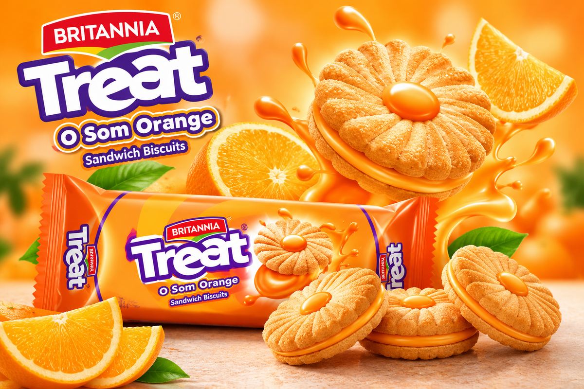 Britannia Treat O Som Orange Sandwich Biscuits promotional image featuring orange cream sandwich biscuits, the orange product packet, fresh orange slices and a vibrant orange background.