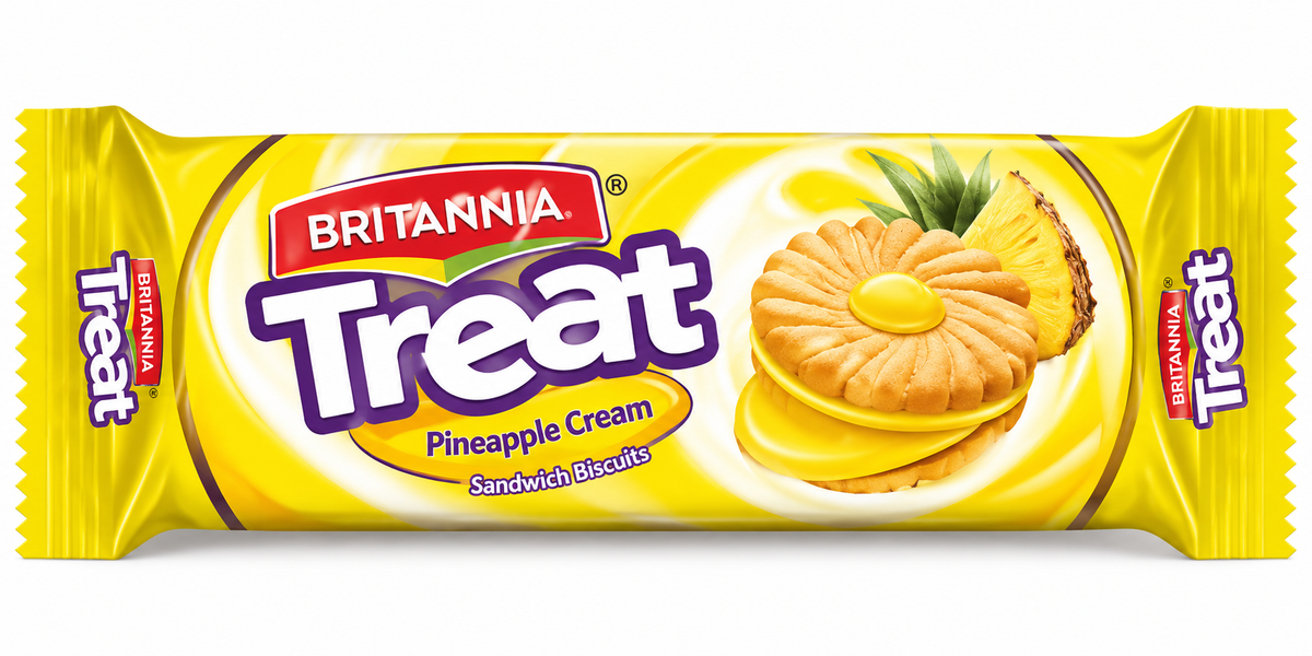 Britannia Treat O Som Pineapple Sandwich Biscuits 100g yellow packet featuring the Treat logo and pineapple-flavoured sandwich biscuit design.